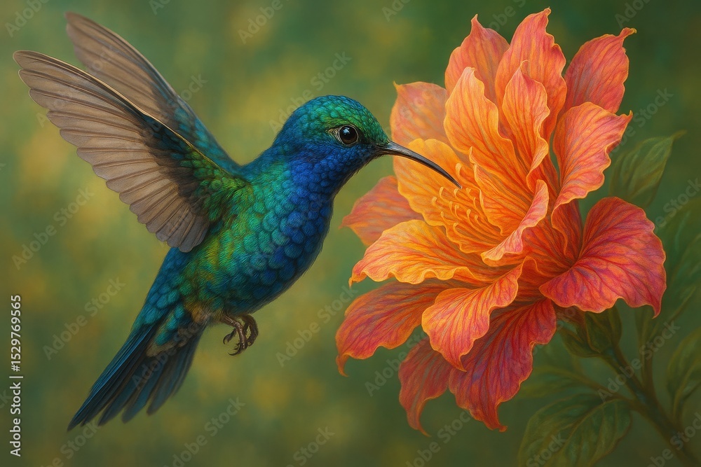 Obraz premium Exquisite Digital Artwork Hummingbird with Iridescent Feathers Hovering Mid Air to Sip Nectar from a Vibrant Exotic Flower Detailed and Colorful Nature Illustration