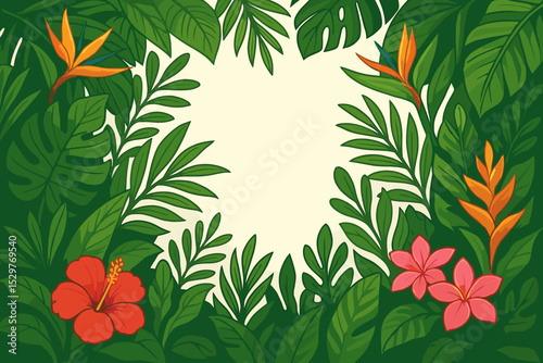 Tropical floral frame with exotic jungle leaves and flowers. Summer vacation vector background with hibiscus, monstera, plumeria and bird of paradise. Botanical banner template.