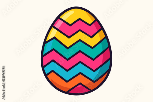 Colorful Easter egg vector illustration isolated on white background. Modern geometric design with bright chevron zig-zag pattern. Icon for spring holiday, celebration, decoration.