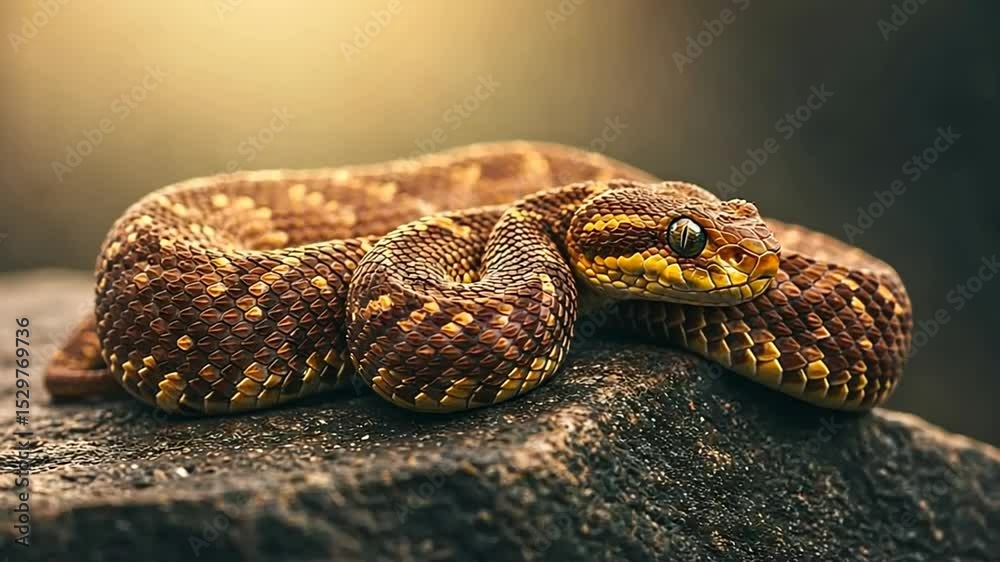 Eyelash viper coiled on a rock, close-up view of its scales and yellow face