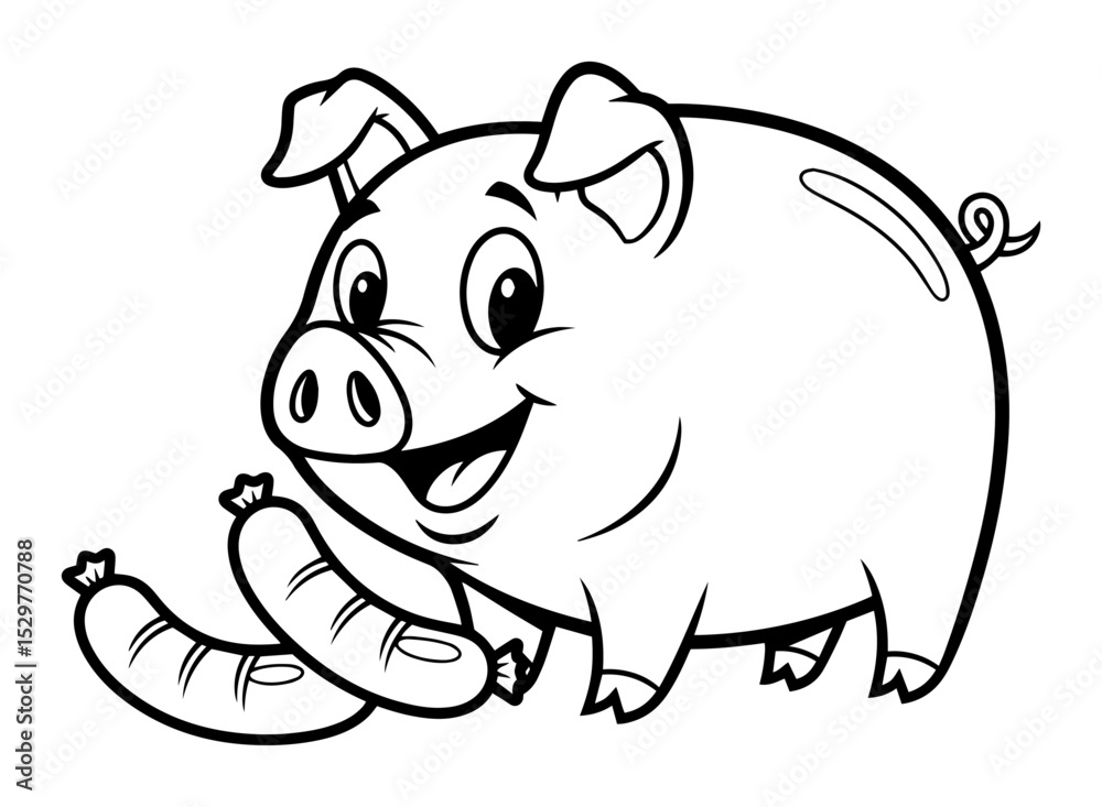 Obraz premium cartoon pig holding sausages happy character