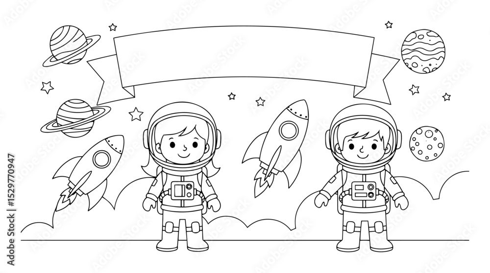 Fototapeta premium kids in space suits with blank banner outer space theme