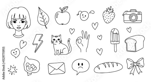 cute doodle icons set with girl cat and food items
