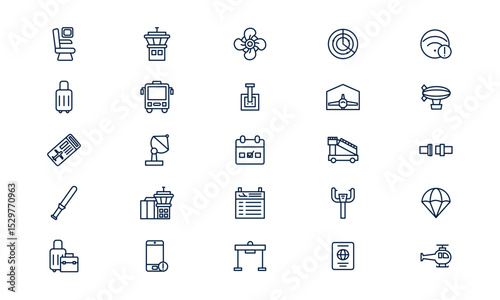 Aviation icon representing aircraft, air travel, and flight operation system in outline style