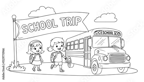 school children boarding bus for trip with banner