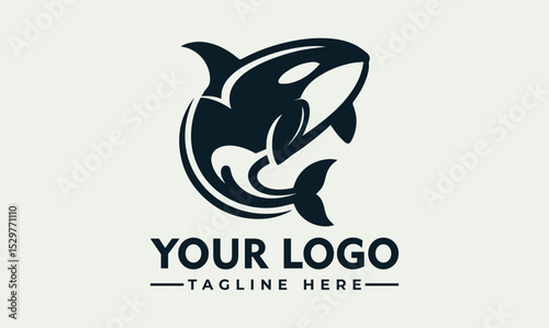 Dynamic black and white illustration of a powerful orca whale leaping energetically above stylized ocean waves. Marine life concept