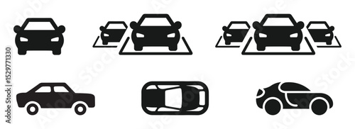 Different cars and traffic jam symbols icons ,  car silhouette on a white background. Vehicle icons set view from the side, front, back, and top , stock vector . 