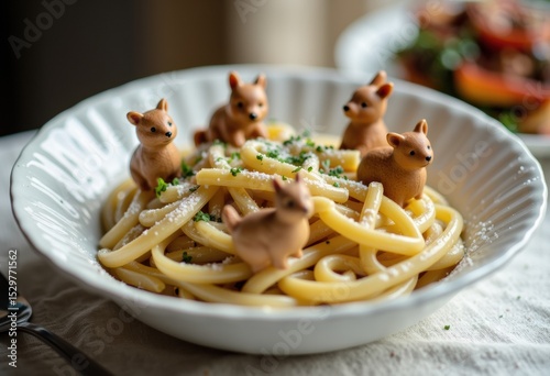 Creative pasta dish decorated with small animal figurines on a white plate