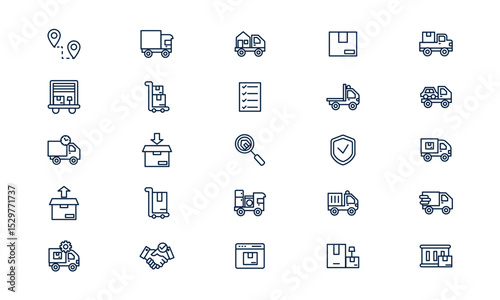 Moving service icon representing logistics and transportation with boxes and truck in outline style
