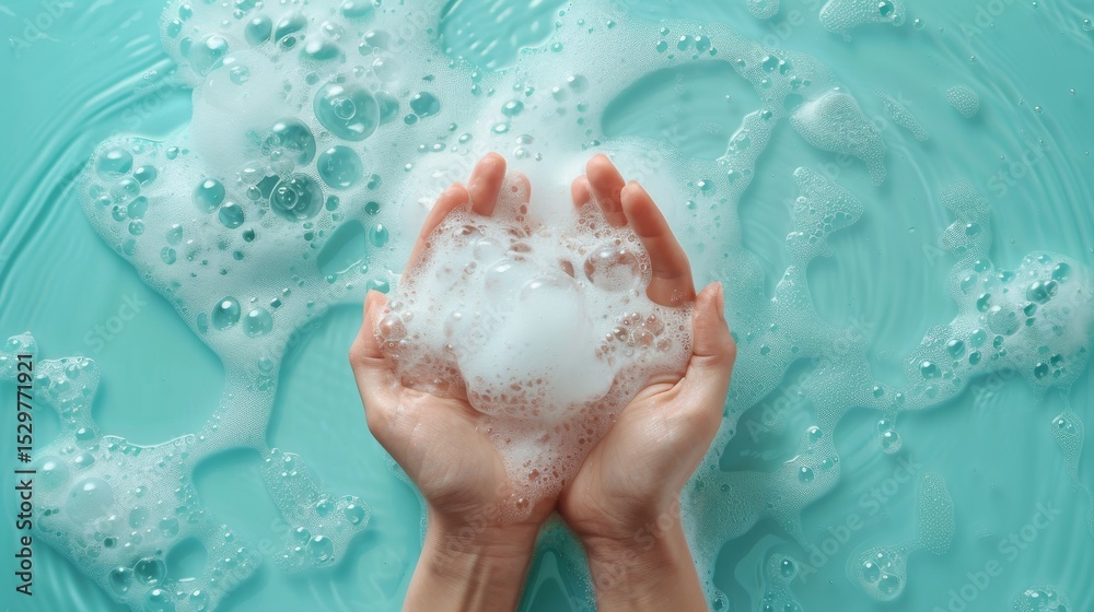 Fototapeta premium Captivating image of hands cradling bubbles amidst flowing water, illustrating the purity and tranquility of cleanliness and the soothing nature of liquid and foam.