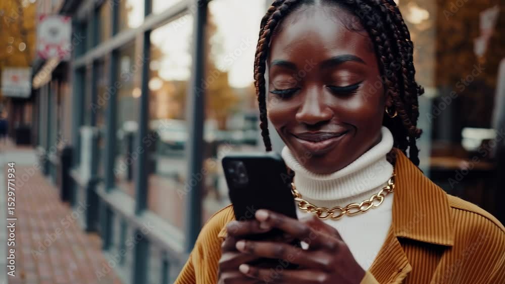 A fashionable Black woman with a golden-brown complexion and medium-length braided hair pulled to one side, deeply focused on her phone, texting with both thumbs in a chic pose