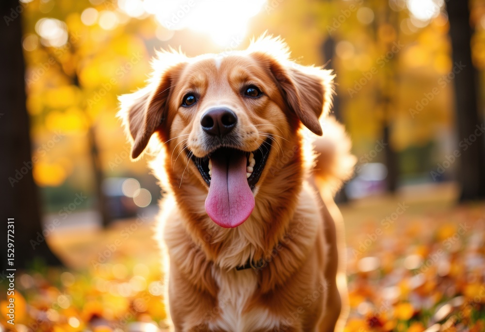 Happy golden retriever dog enjoying autumn in a park with colorful leaves Happy golden retriever dog enjoying autumn in a park with colorful leaves