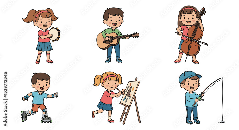 Naklejka premium Illustrations of Kids Playing Music Painting Rollerblading and Fishing for Educational Purposes