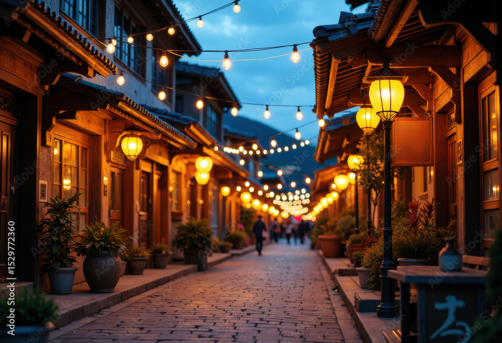 Fototapeta premium Charming evening street scene with warm lantern lights and cozy shops