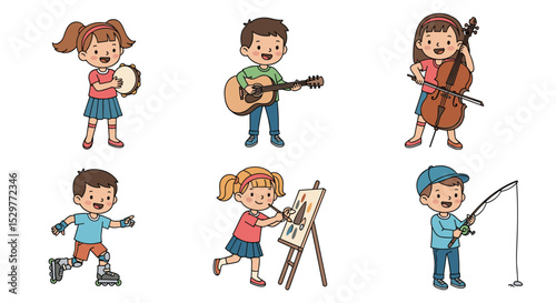 Illustrations of Kids Playing Music Painting Rollerblading and Fishing for Educational Purposes