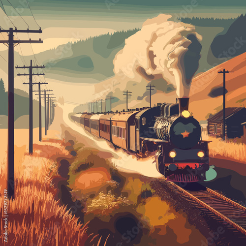 Vintage steam train traveling through a golden field on a misty morning with copy space