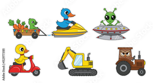 Cartoon Animals Characters Riding Vehicles Excavator Tractor Spaceship Duck Jet Car Scooter