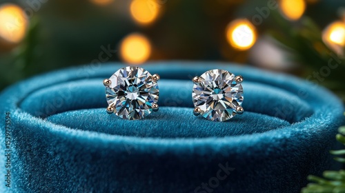 Sparkling diamond studs in a blue velvet box