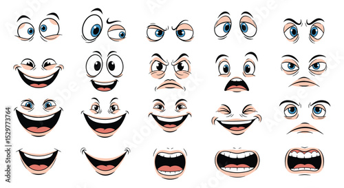 Cartoon Eyes and Mouths Collection Character Animation Diverse Expressions Different Emotional States Vector