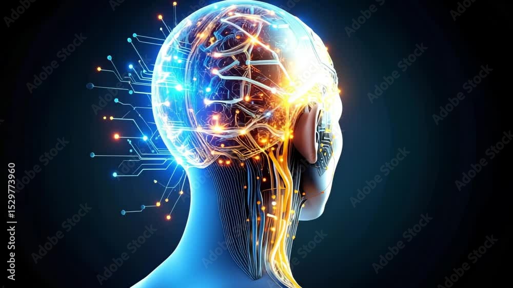 custom made wallpaper toronto digitalGlowing human head with visible brain network showing artificial intelligence, neural technology and futuristic thought concept.
