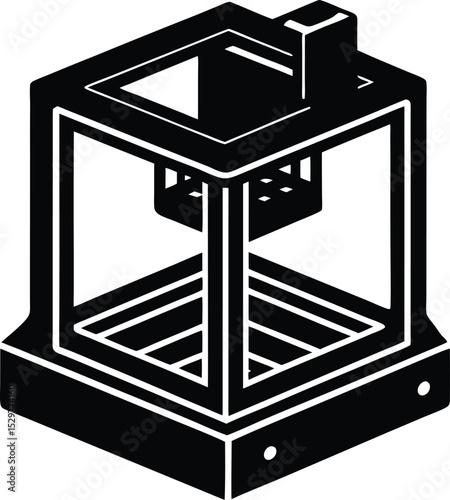 Isometric representation of a 3D printer, showcasing its internal structure, black and white