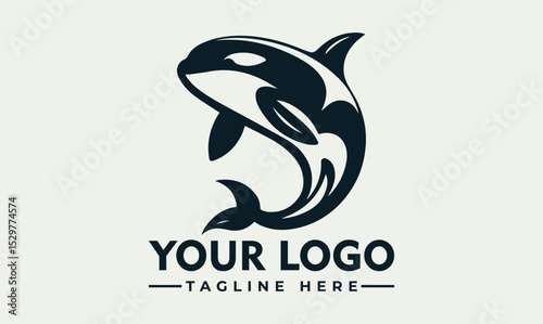 Dynamic black and white illustration of a powerful orca whale leaping energetically above stylized ocean waves. Marine life concept
