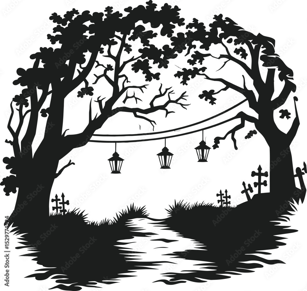 Silhouette illustration of a path between trees with hanging lanterns and grave markers in the background