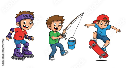 Boys Having Fun Engaging in Various Activities Like Skating Fishing and Skateboarding Together