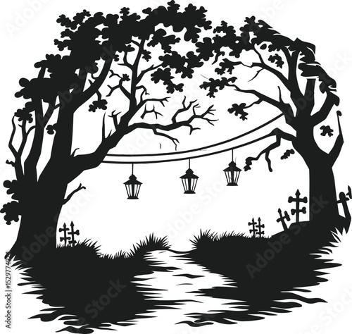 Silhouette illustration of a path between trees with hanging lanterns and grave markers in the background