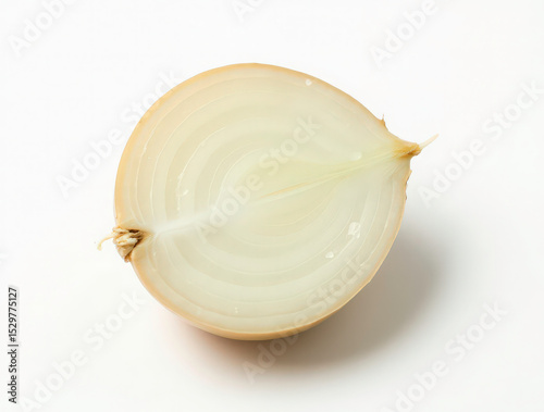 A clean-cut white onion halved and displayed cut-side up on a white background.