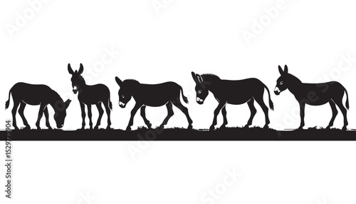 black color donkey set silhouette vector illustration, solid white background