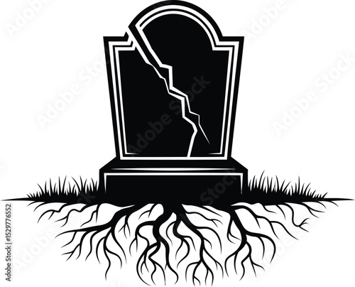 A black and white illustration of a cracked tombstone with roots extending below the ground surface silhouette
