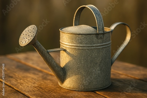 Vintage watering can resting on wooden surface with dew drops reflecting sunlight