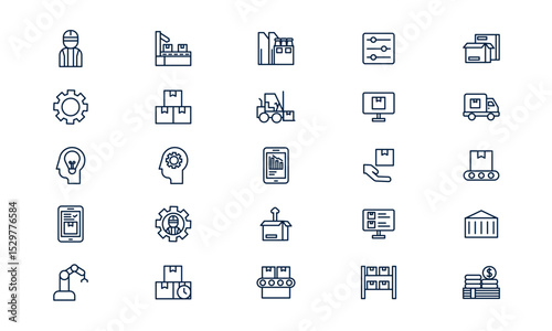Mass production icon illustrating automated manufacturing and large-scale industrial process in outline style