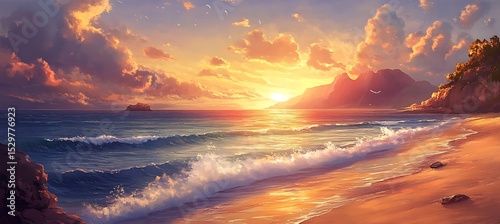 A tranquil beach at sunset with gentle waves and distant islands