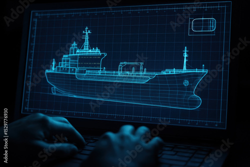 Digital blueprint of modern cargo ship displayed on computer screen, featuring maritime engineering and futuristic vessel design