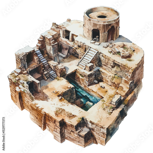 Ancient City Excavations, watercolor drawing vector, isolated on a white background.