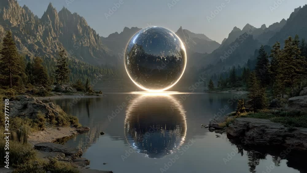 Reflective Sphere in Mountain Lake at Sunrise