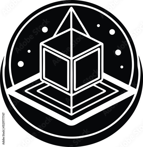 Abstract geometric cube and pyramid combination Silhouette inside a circle with stars illustration