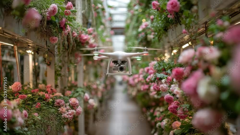 White Drone Flying Through Pink Rose Corridor