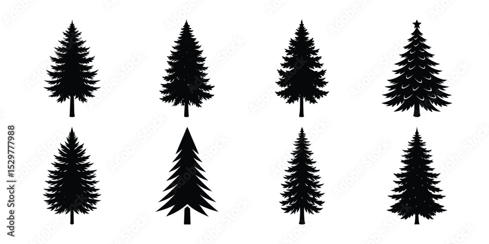 Obraz premium Black Pine Tree Silhouettes Collection – Set of Christmas and Evergreen Tree Vector Icons on White Background