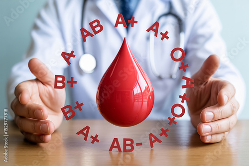 Doctors Hands Gently Holding a Blood Drop with Surrounding Blood Types A B AB O Positive and Negative