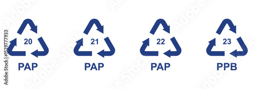 Paper recycling codes vector icon set. Paper recycling symbol. Paper cardboard boxes recycling codes PAP 20, 21, 22, 23 for industrial and factory uses.