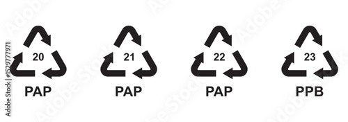 Paper recycling codes vector icon set. Paper recycling symbol. Paper cardboard boxes recycling codes PAP 20, 21, 22, 23 for industrial and factory uses.
