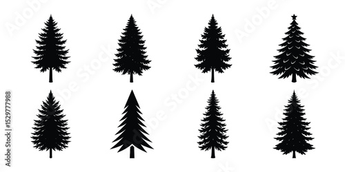 Black Pine Tree Silhouettes Collection – Set of Christmas and Evergreen Tree Vector Icons on White Background

