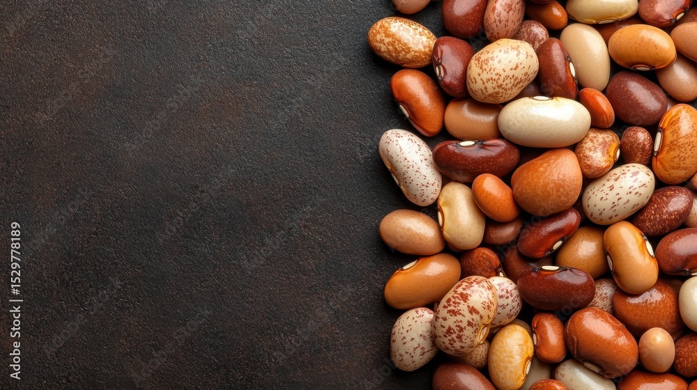 Obraz premium A visually appealing assortment of colorful beans set against a rustic dark background, showcasing the variety and beauty of these nutritional natural elements.