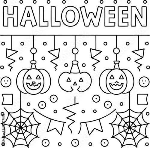 Halloween Outline Featuring Pumpkins, Spiderwebs, and Bunting, on White
