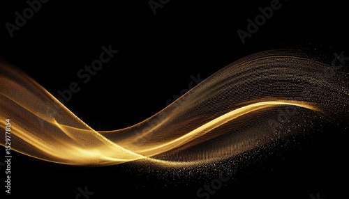 Abstract golden wave with glittering light effects flows on a black background 