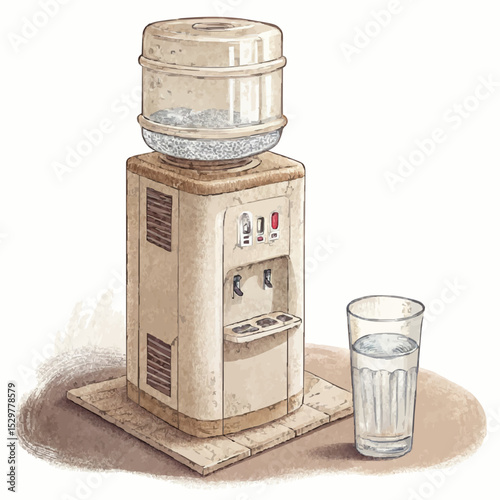  Vintage water cooler illustration in beige tones representing office breaks and hydration [with copy space].