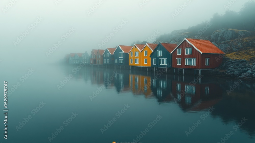 Fototapeta premium Colorful waterfront houses reflected in a foggy lake